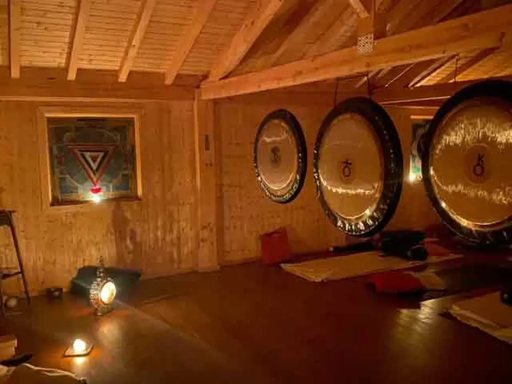 yoga retreat september 2026 Europe Portugal yoga retreat september 2026 Europe Portugal - picture of the gongs in the practice space